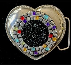 VINTAGE GF SILVER HEART SHAPED RAINBOW GLASS STONE 3.5" BELT BUCKLE- EUC